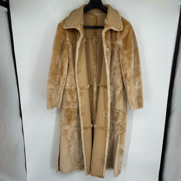Vintage 90s Y2K Faux Fur Long Line Brown Trend Coat Button Up Teddy Brown Warm - Picture 7 of 15